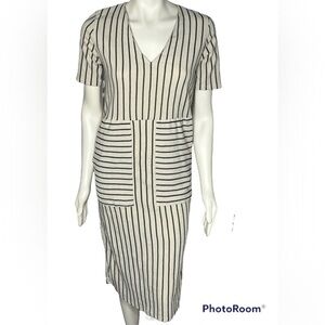 Zara Striped Dress With Side Pockets Cream & Black Size Medium
